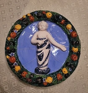 Vintage Italian Della Robbia Jesus Hand Painted Pottery Majolica 6.5" Wall Art - Picture 1 of 12