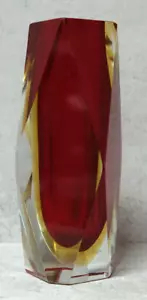 VINTAGE MURANO SOMMERSO ART GLASS FREE FORM RED & AMBER BLOCK VASE - Picture 1 of 5