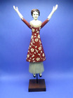 Foreside Carved Wooden Woman 17" On Pole Stand Jointed Arms Ceramic Head