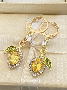 Crystal Gold tone Yellow Lemon Green Drop Dangle Earrings Cute Fun Fashion - Picture 1 of 7