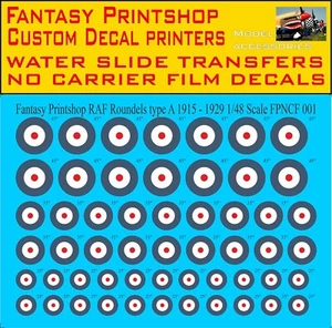 RAF ROUNDELS TYPE A 1915 - 1929 WATERSLIDE TRANSFERS DECALS FPNCF-48001 1/48 - Picture 1 of 3