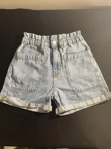Zara Kids Blue Denim Baggy Paperbag Shorts Elastic Waistband Girls Size 9 - Picture 1 of 3