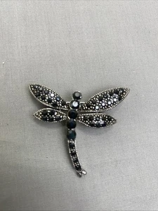 Vintage Black Rhinestone Covered Dragonfly Silver Tone Brooch Dazzling - Picture 1 of 8