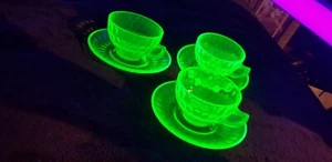 Three Vintage Federal Uranium Vaseline Glass Cup And Saucer Sets - Picture 1 of 6