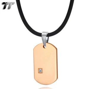 TT 9K Rose Gold GP Stainless Steel Dog Tag Pendant Necklace With CZ (NP188) - Picture 1 of 1