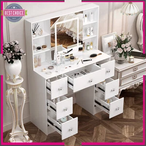 7 Drawers Makeup Vanity and Power Outlet, Vanity Desk LED Lighted Mirror - Picture 1 of 11