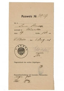 WWI Germany German 8. Army AUSWEIS / Passport Document with Fingerprint 1918 - Picture 1 of 2