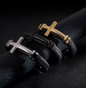 Braided Leather Bracelet For Men Stainless Steel Black Magnetic Clasp Bangle New