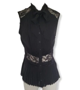 Blusa Guess Top Sin Mangas Negra Con Pliegues de Lazo e Inserciones de Encaje Talla M NUEVA - Imagen 1 de 15