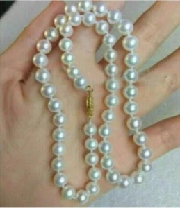 GENUINE AAA 9-8MM Cultured Akoya WHITE PEARL NECKLACE 14K gold clasp 18" - Picture 1 of 4