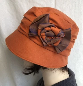 Orange Winter Wool Ladies Flapper Cloche Hat With Silk Flower - Picture 1 of 8