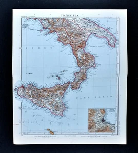 1911 Stieler Map Italy Naples Etna Sicily Messina Palermo Malta Capri Salermo - Picture 1 of 4