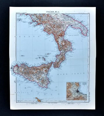 1911 Stieler Map Italy Naples Etna Sicily Messina Palermo Malta Capri Salermo - Image 1 of 4
