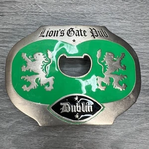LION'S GATE PUB Green Enamel Belt Buckle Bottle Opener DUBLIN IRELAND 4.25"L - Picture 1 of 16