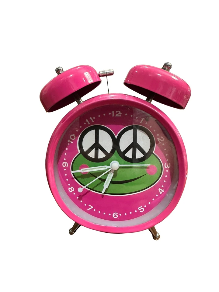 Hot Pink Alarm Clock With Green Frog Peace Eyes Analog Battery Operated Bell Top - Image 1 of 4
