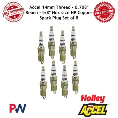Accel 14mm Thread - 0.708" Reach - 5/8" Hex size HP Copper Spark Plug Set of 8 - Image 1 of 4