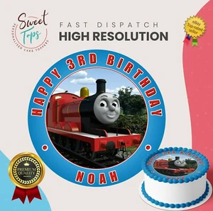 JAMES THE TANK ENGINE EDIBLE ROUND BIRTHDAY CAKE TOPPER DECORATION PERSONALISED - Picture 1 of 2