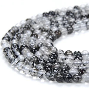 Natural Black Tourmaline Rutilated Quartz AAA Round 2MM 3MM Beads 15 Inch (P63) - Picture 1 of 3
