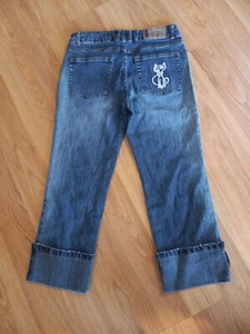 Zoey Beth Jean Capri Pants Size 5/ Pink Embroidered Cats Dark Wash Stretch Denim - Picture 1 of 10