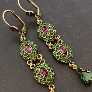 Michal Negrin Earrings Majestic Sparkly Crystal Royal Green Purple Long Cocktail - Picture 1 of 17