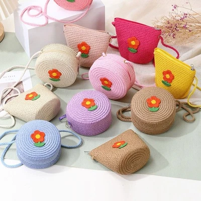 Handmade Woven Bag Pastoral Flower Kids Coin Purse Summer Beach Shoulder Bag - Image 1 of 4