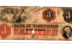 3 $ "BANK OF WASHINGTON" (N. CAROLINA) 1800'S 3 $ "BANK OF WASHINGTON" RARE !!!!!! - Bild 1 von 3