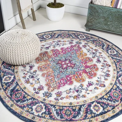 Boho Vintage Blue/Multi 5' Round Area Rug, Bohemian Flair Medallion, Floral E... - Image 1 of 4