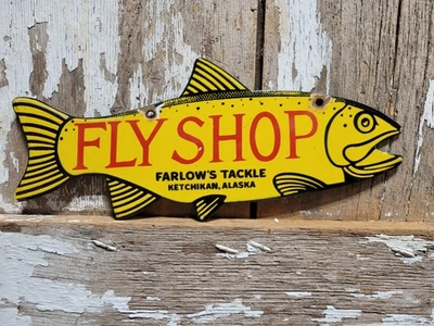 老式鱼 PORCELAIN 标志 旧飞店 FARLOWS TACKLE KETCHIKAN ALASKA SALMON — 第 1/4 张图片