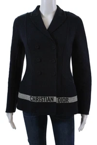 Christian Dior Womens Double Breasted Logo Trim Blazer Jacket Navy Wool Size 6 - Picture 1 of 7