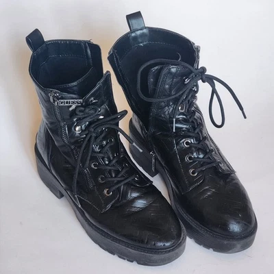 GUESS Fearne Women’s 9.5 Black Quilted Combat Boots Lace Up Side Zip Logo Heel - Image 1 of 4