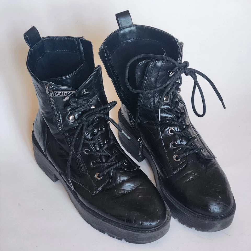 GUESS Fearne Women’s 9.5 Black Quilted Combat Boots Lace Up Side Zip Logo Heel - Image 1 of 4