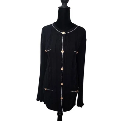 Talbots Petite XL Black Wool Blend Cable Knit Cardigan Jacket Gold Buttons Trim - Image 1 of 4