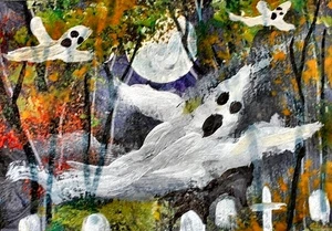 ORIGINAL ACEO Halloween Spuk Friedhof GEISTER Gräber Nachtbaum Herbst ATC ART - Bild 1 von 1