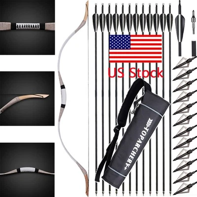 30-70 lbs Traditional Recurve Bow Longbow Wooden Mongolian Bow Archery Hunting - Image 1 of 4