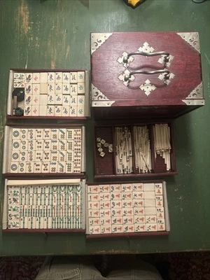 Antique Mahjong Set/Bone And Bamboo tiles/BoneScore-Betting Sticks/Wood Box Case - Image 1 of 4