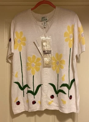 Quacker Factory Vtg Short Sleeve Cardigan Sweater Ladybugs Flowers Sz 1X - Image 1 of 4