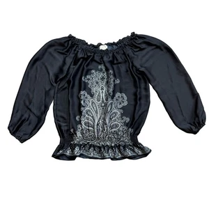 Michael Kors Boho Off Shoulder Top Women's Medium Black Paisley Print Ruffle Hem - Picture 1 of 10