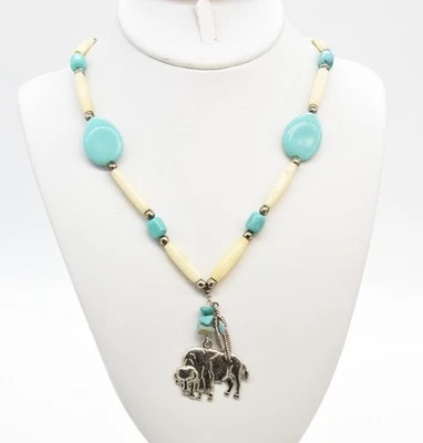 29" Silver-T Bovine Cattle Bone Faux Blue Turquoise Bead Bison Pendant Necklace - Image 1 of 3