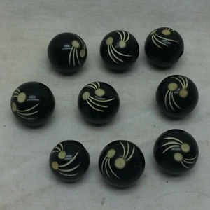 9 Vintage Round Buttons Black with Design Cream Color - Picture 1 of 7