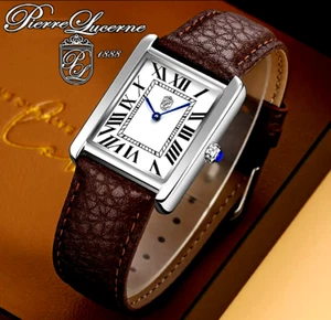 Pierre Lucerne 1888 Vintage Style Swiss Tank Mens Watch Brown Band Gorgeous ! - Picture 1 of 13
