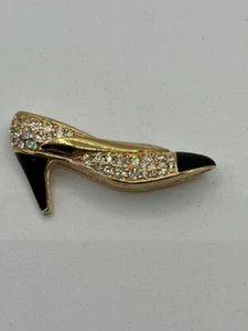 Broche zapato Swarovski tono dorado transparente estrás esmalte negro tacón bomba - Imagen 1 de 5