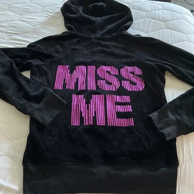 Miss Me Black Velour Hoodie w/ Pink Sequins Studs Bling jacket size women’s  S - Image 1 of 3