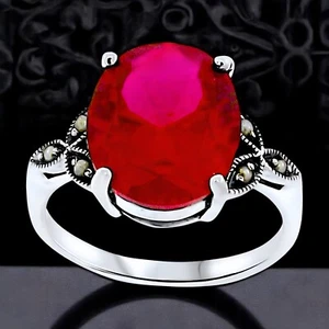 VICTORIAN STYLE 925 STERLING SILVER 7 CT LAB-CREATED RUBY PEARL RING #103 - Picture 1 of 5