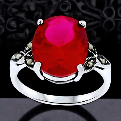 ANILLO ESTILO VICTORIANO PLATA ESTERLINA 925 7 QUILATES PERLAS RUBÍ CREADO EN LABORATORIO #103 Foto 1 de 4