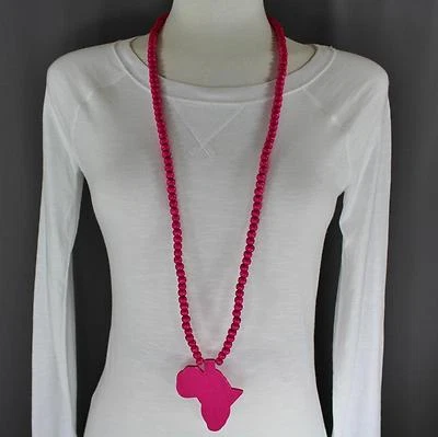 Pink wooden africa map pendant necklace beads chain african continent wood 38" - Image 1 of 4