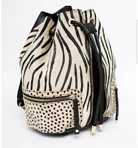 River Island Mini Backpack Black Cream Leather Cowhide Animal Print Zebra Bag - Picture 1 of 8