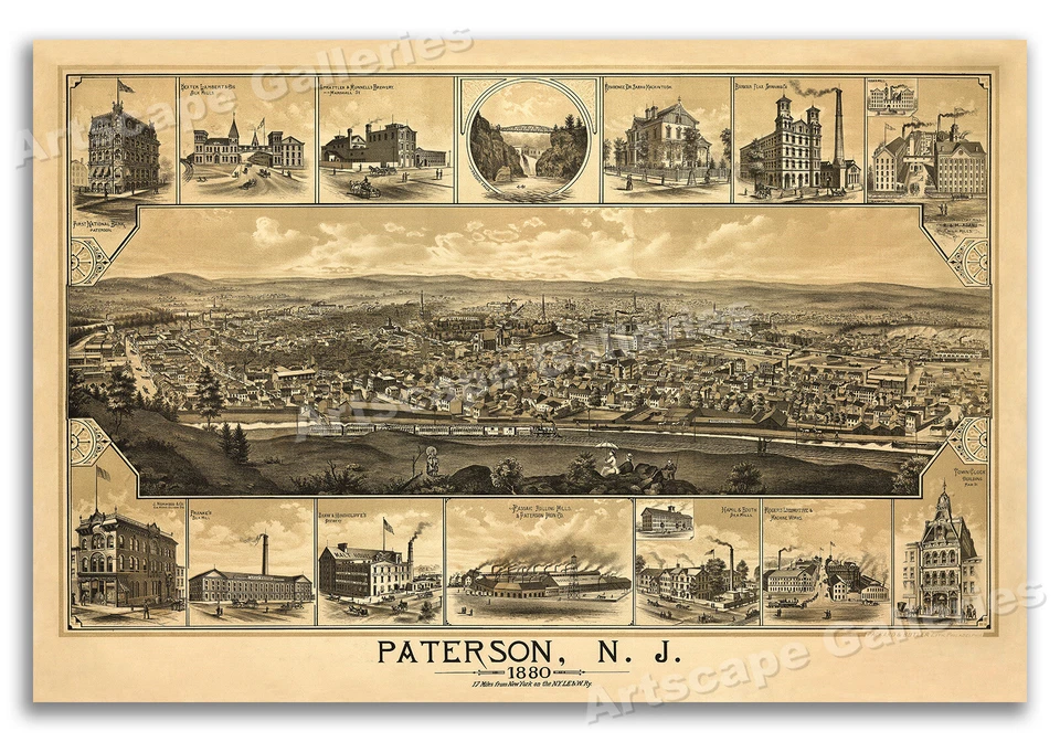 1880 Paterson New Jersey Vintage Old Panoramic City Map - 16x24