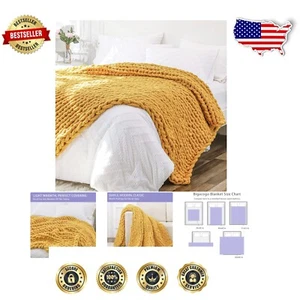 Chic Mustard Yellow Chunky Knit Blanket, 100% Chenille, 40x60 for Cozy Living - Picture 1 of 11