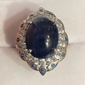 14CT Cabochon Blue Sapphire Deco Loaf Ring 14K White Gold Silver - Picture 1 of 7