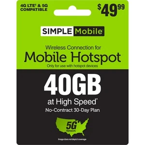 SIMPLE Mobile 49,99 $ Hotspot Data, 40 Go, Forfait 30 jours [Livraison physique] - Photo 1 sur 5